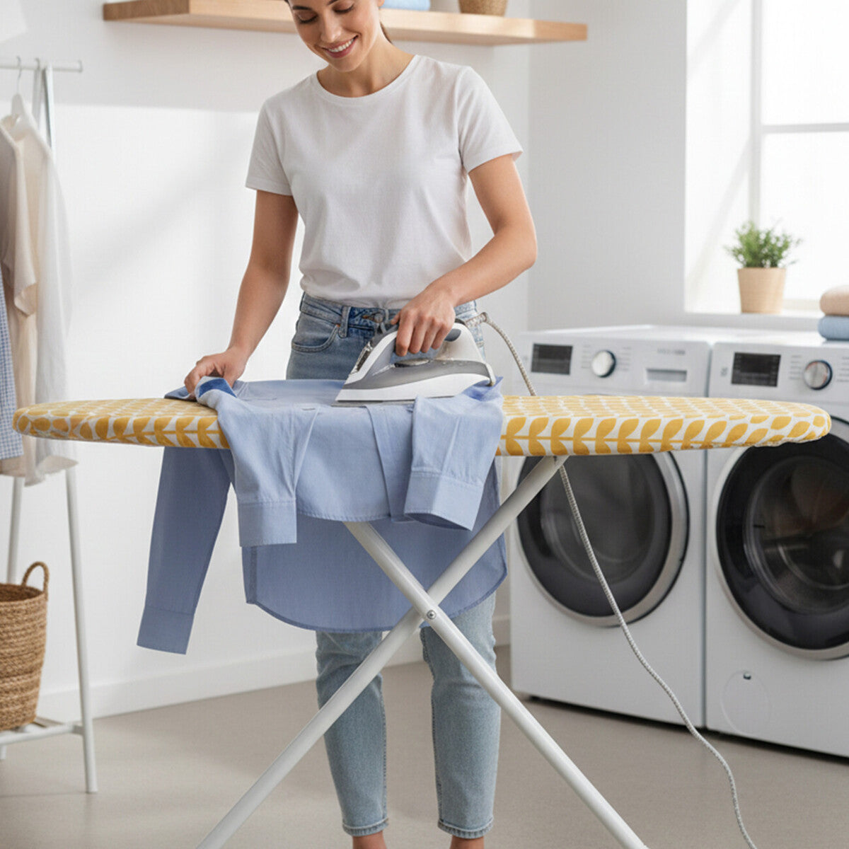 Woman ironing a shirt on an ironing board in a laundry room.