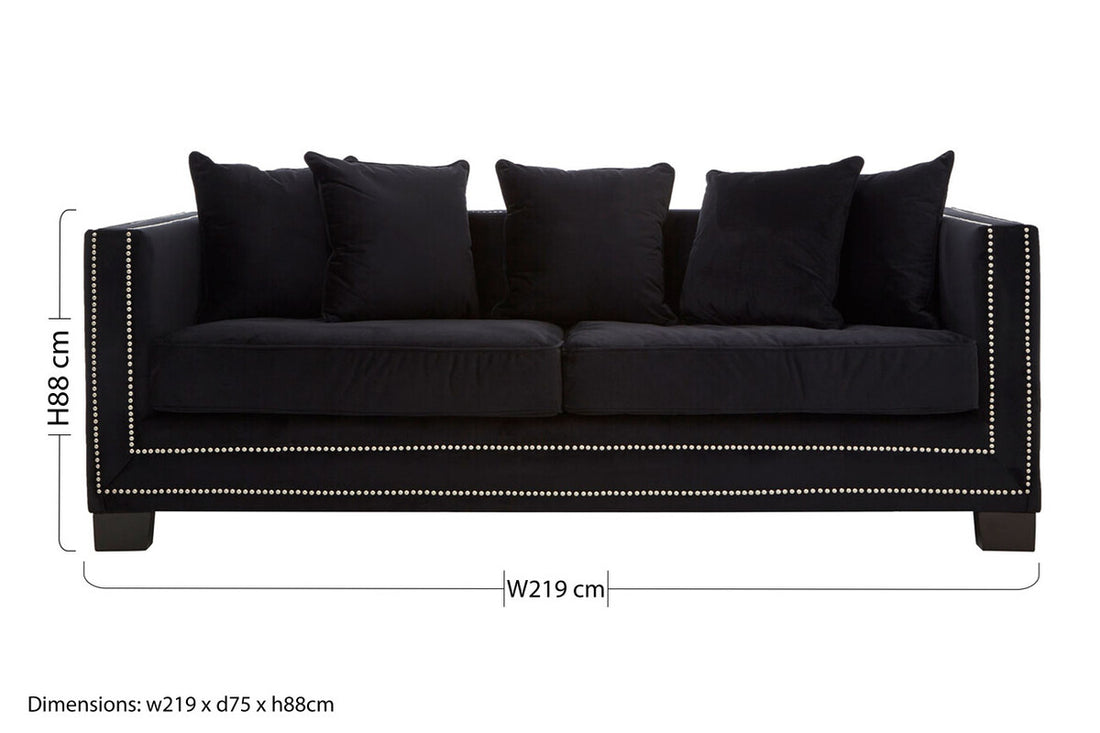 3 Seater Black Velvet Sofa, Sofia - Image 10