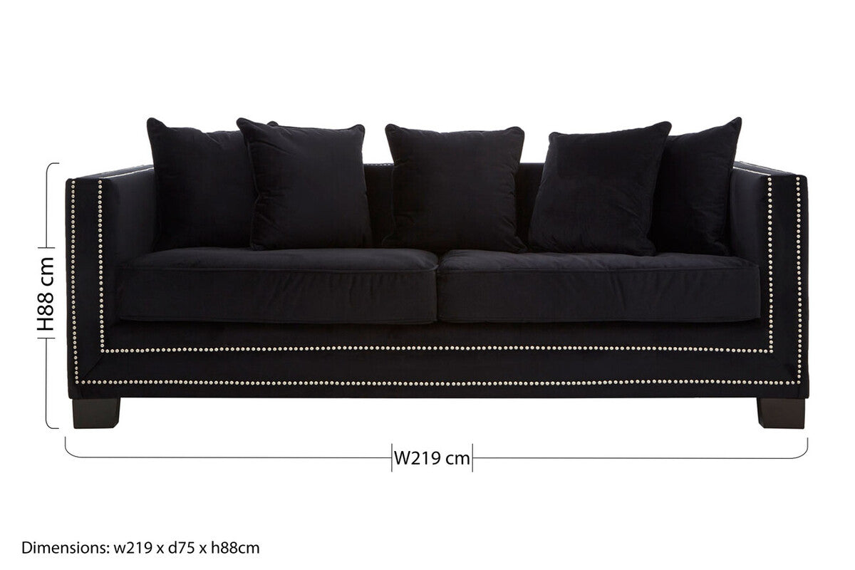 3 Seater Black Velvet Sofa, Sofia
