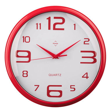 Wall clock with red frame and red numbers on a white background