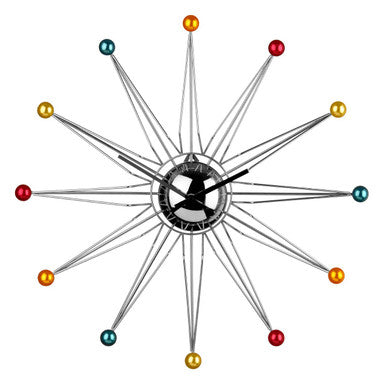 Decorative wall clock with starburst design and colorful accents on a white background