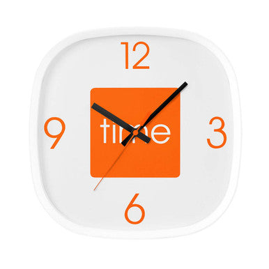 Square wall clock with orange square face and black hour hands on a white background