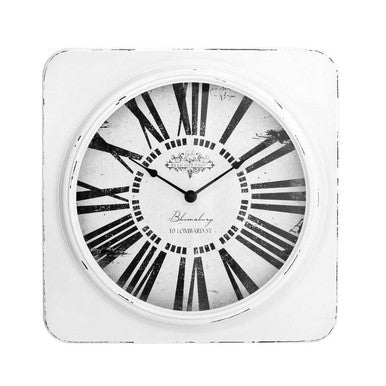White wall clock with black Roman numerals on a white background