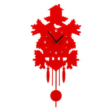 Red wall clock with a unique design on a white background