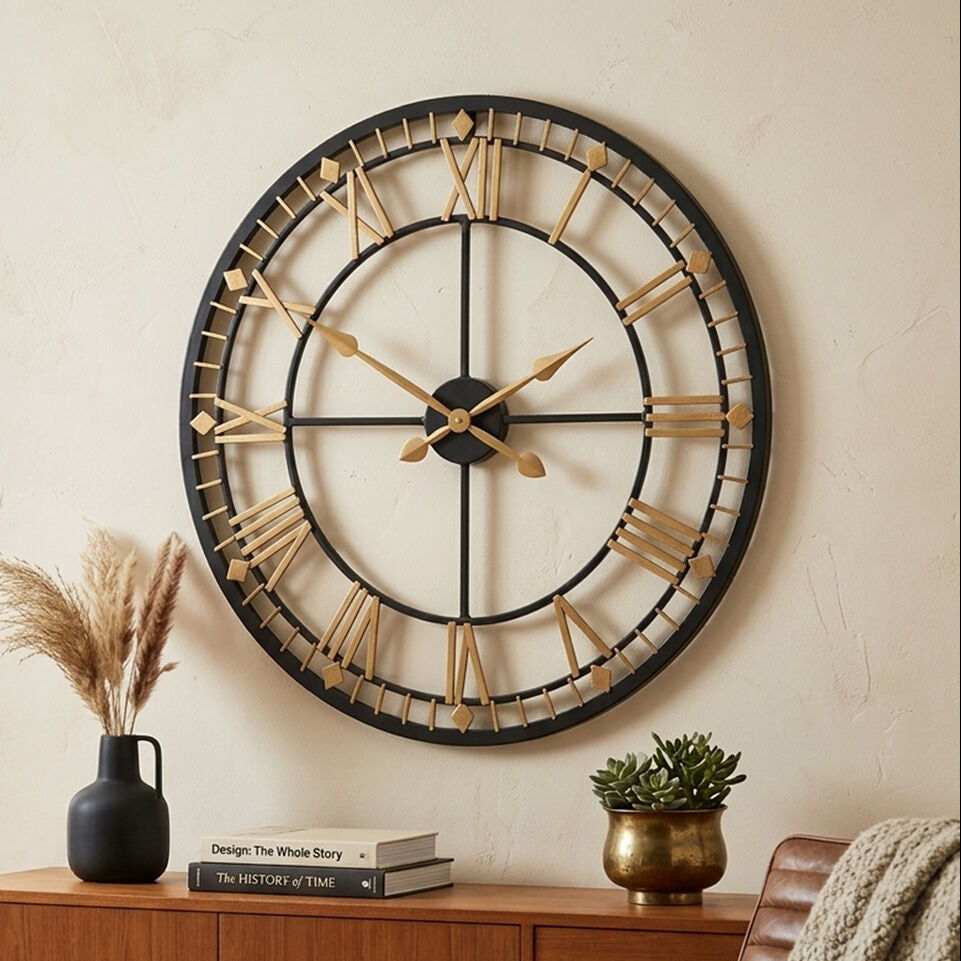 Large wall clock with Roman numerals in a home setting with a wooden sideboard and decor items.