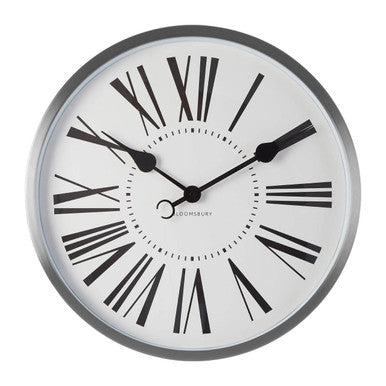 Round wall clock with black Roman numerals on a white background