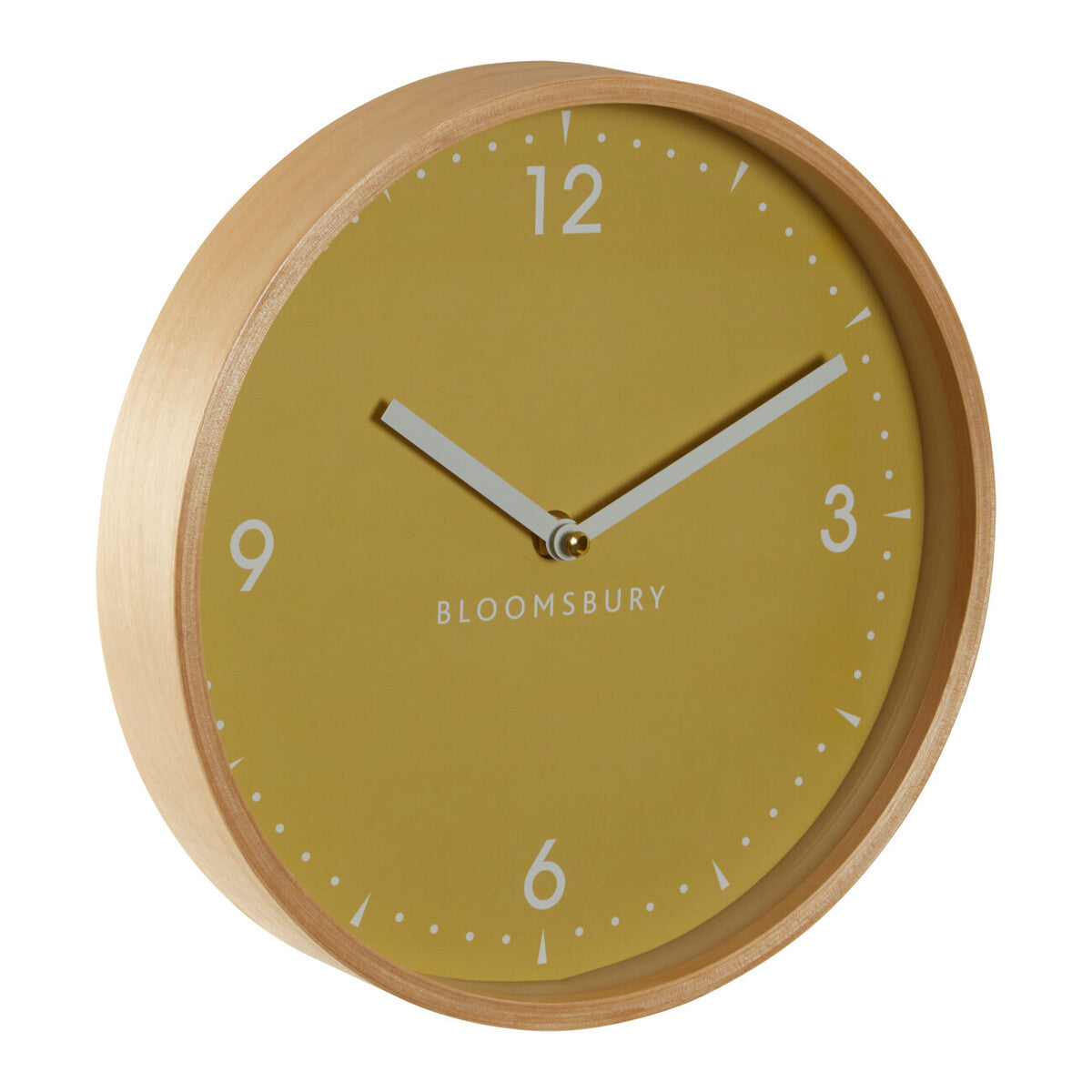 Round wall clock with a yellow face and wooden frame on a white background
