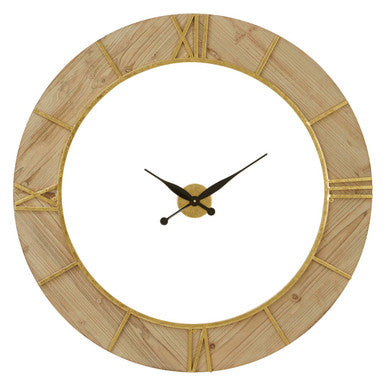 Wooden wall clock with gold accents on a white background