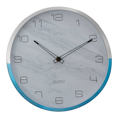 Wall clock with blue rim and gray face on a white background