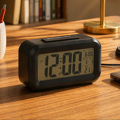 Digital clock on a wooden desk with books and stationery in the background, featuring text &