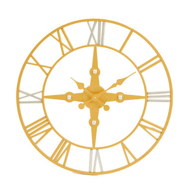 Gold wall clock with Roman numerals on a white background