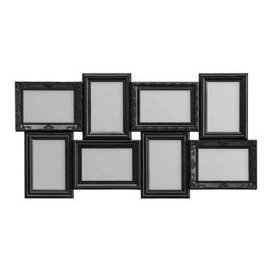 Set of black picture frames arranged in a collage on a white background