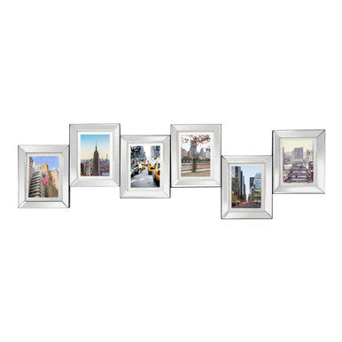 Set of six silver picture frames with different scenic views on a white background