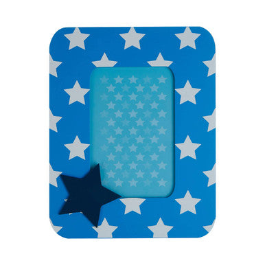 Blue picture frame with white stars on a white background