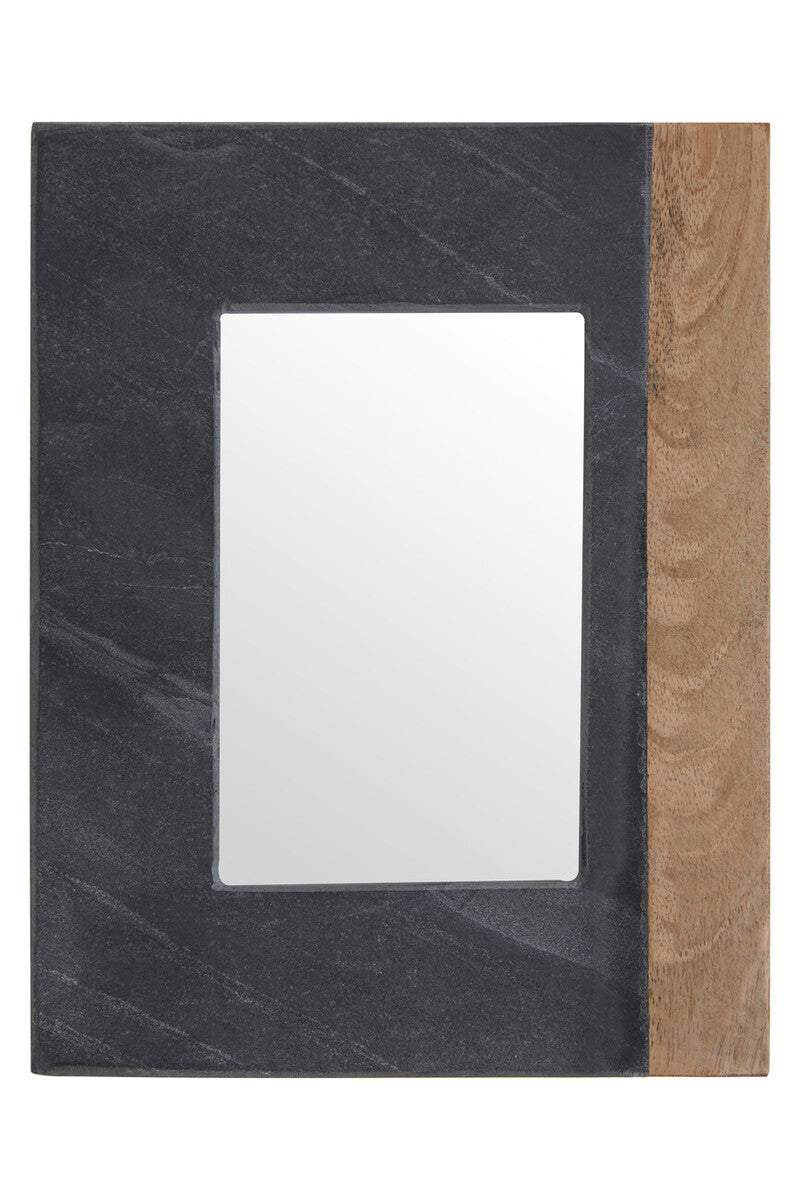 Rectangular mirror with black frame and wooden border