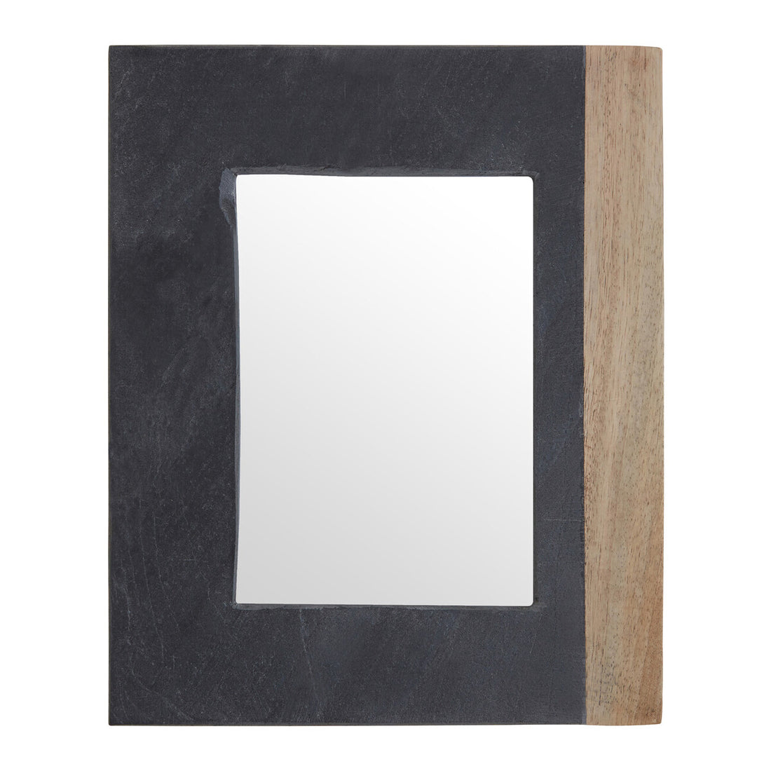 Rectangular mirror with black frame on one side and wooden frame on the other, on a white background.