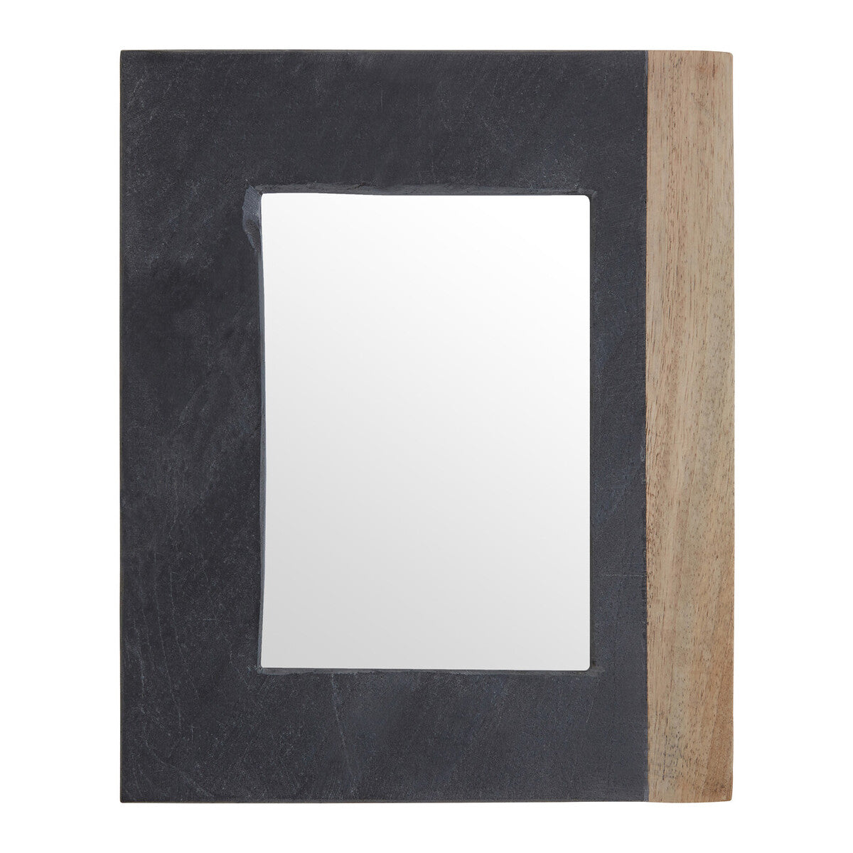 Rectangular mirror with black frame on one side and wooden frame on the other, on a white background.
