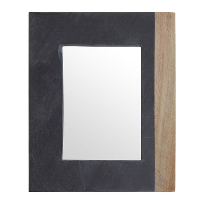 Rectangular mirror with black frame on one side and wooden frame on the other, on a white background.