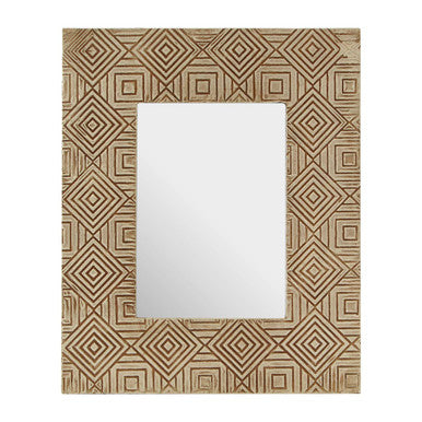 Rectangular mirror with a geometric patterned frame on a white background