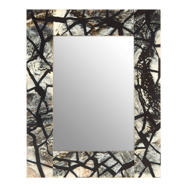 Rectangular mirror with a decorative frame featuring black abstract patterns on a white background