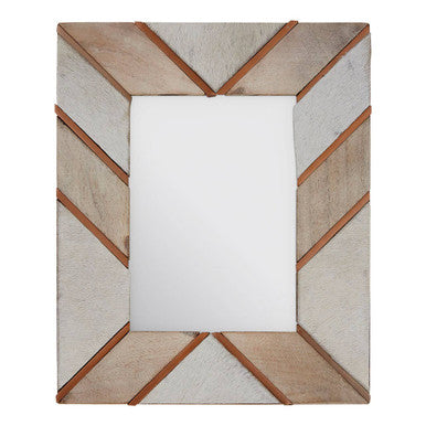 Decorative mirror with geometric wood frame on a white background