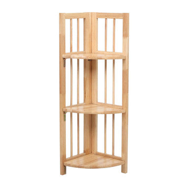 Wooden corner shelf with three shelves on a white background
