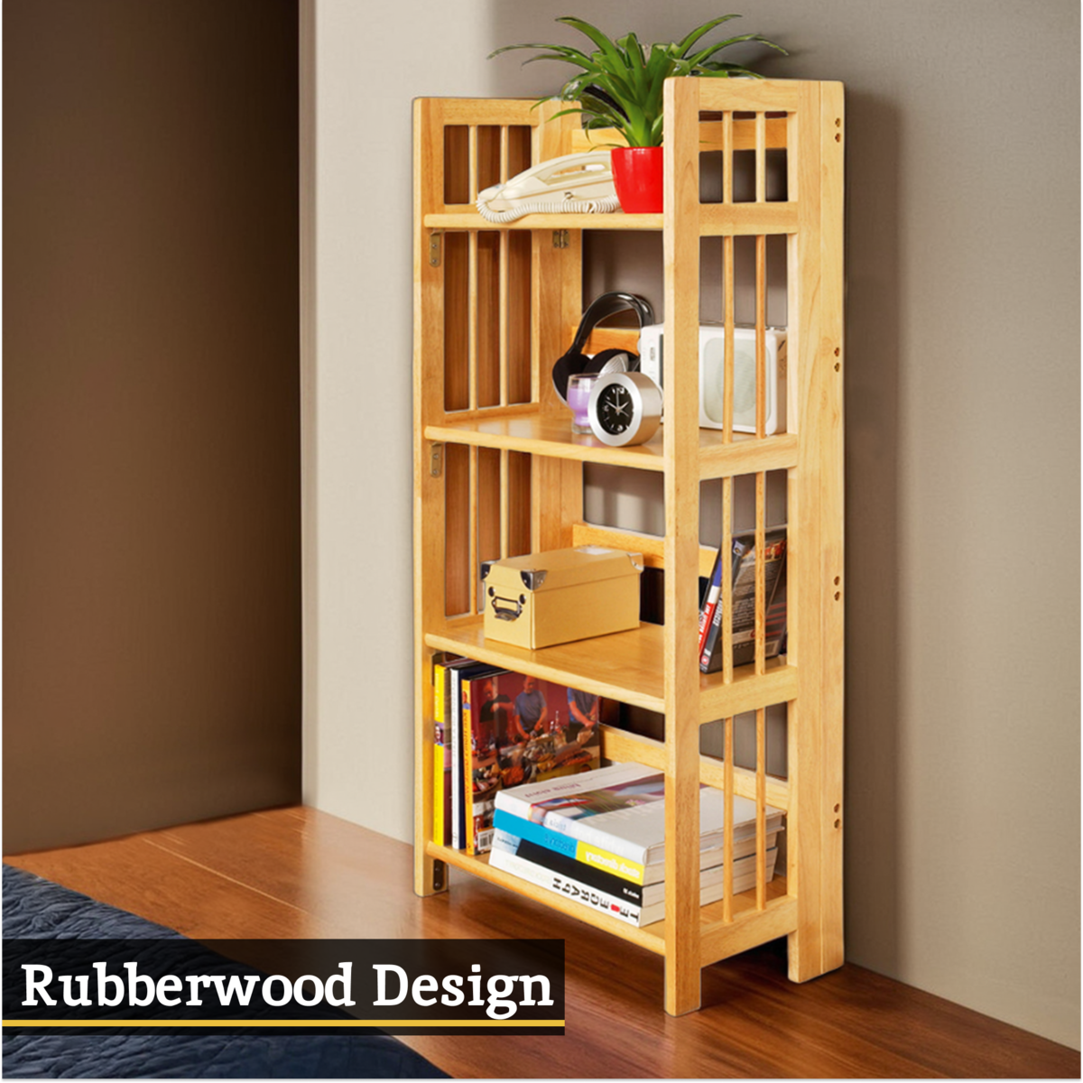 Wooden bookshelf with various items against a wall