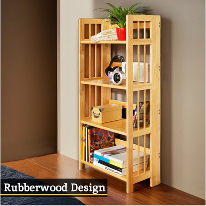 Wooden bookshelf with various items against a wall