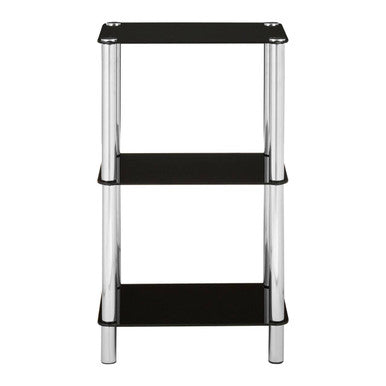 Three-tiered black shelf with chrome legs on a white background