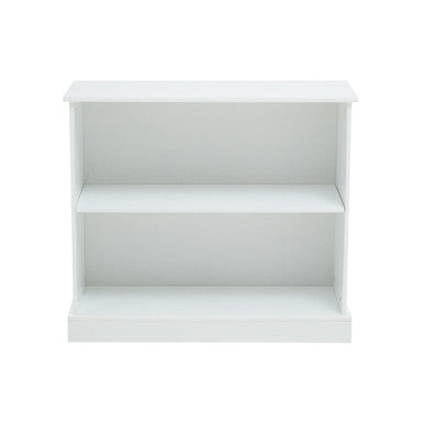 White bookshelf with two shelves on a white background