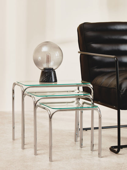 Silver Metal Frame and Clear Glass Top Nest of 3 Tables, Jordan
