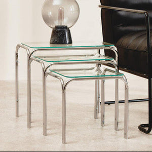 Silver Metal Frame and Clear Glass Top Nest of 3 Tables, Jordan
