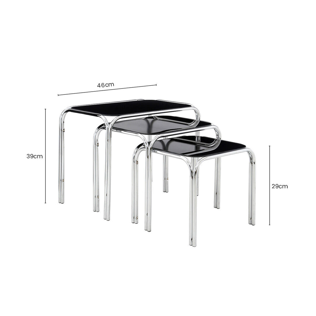 Set of 3 Black Glass Top Nest of Tables with Silver Metal Frame, Jordan
