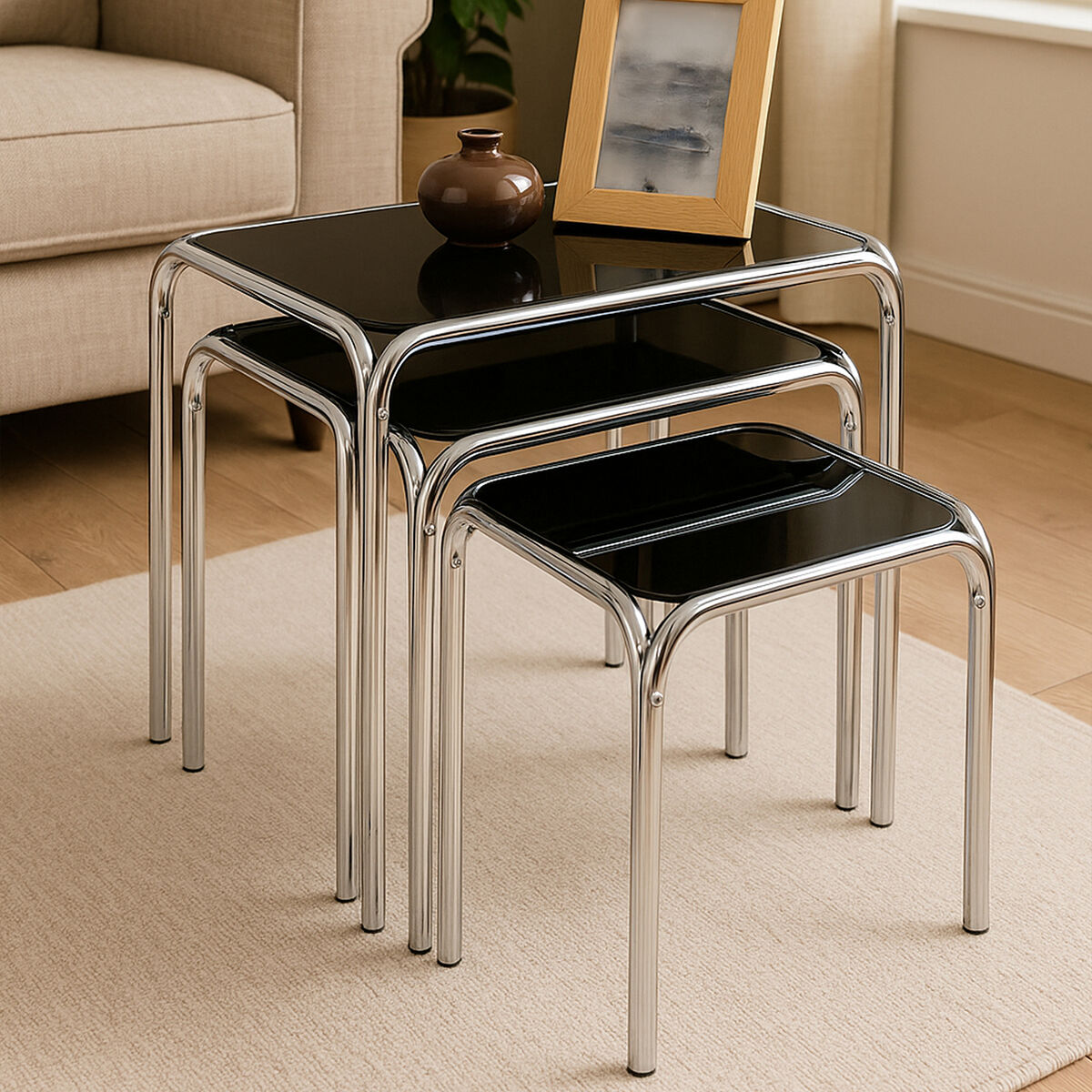 Set of 3 Black Glass Top Nest of Tables with Silver Metal Frame, Jordan