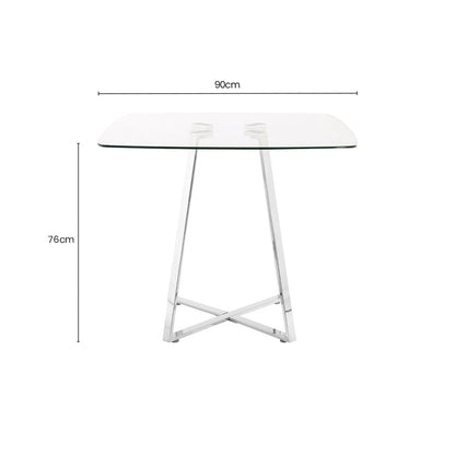 Clear Glass Square Dining Table with Silver Finish Metal Base, Metropolitan