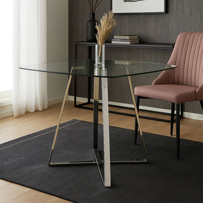 Clear Glass Square Dining Table with Silver Finish Metal Base, Metropolitan