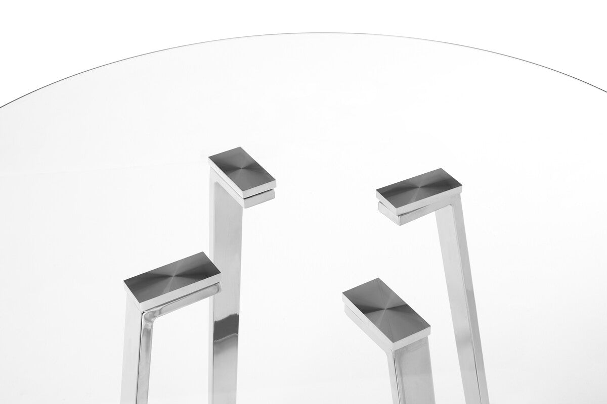Clear Glass Round Dining Table with Silver Finish Metal Base, Metropolitan