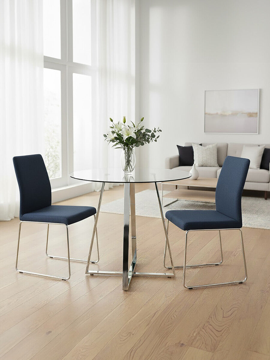 Clear Glass Round Dining Table with Silver Finish Metal Base, Metropolitan