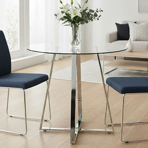 Silver Finish Round Glass Top and Steel Frame Dining Table, Metropolitan