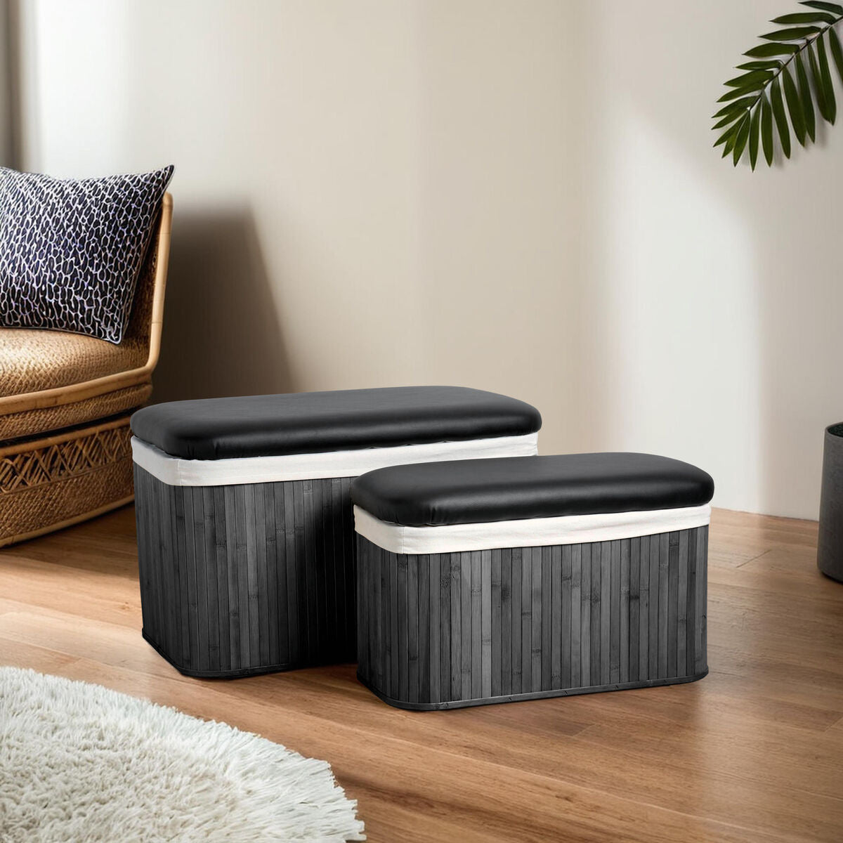 Bambi Black Set of 2 Bamboo Storage Ottoman