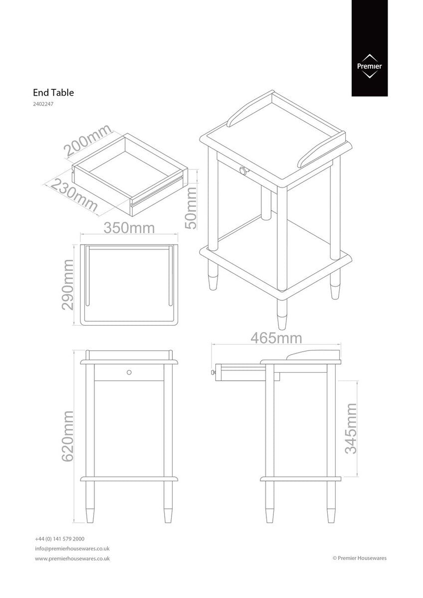Technical drawing of an end table with dimensions