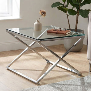 Montril Clear Glass and Silver Finish Criss Cross Side Table