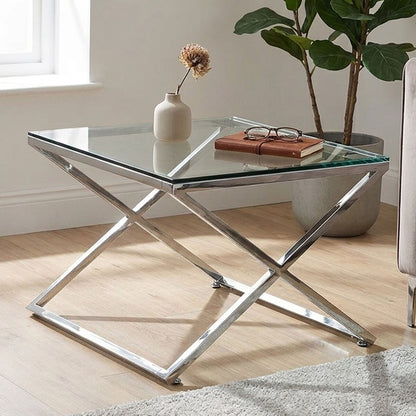 Clear and Silver Stainless Steel Frame Side Table with Smooth Glass Top | Montril