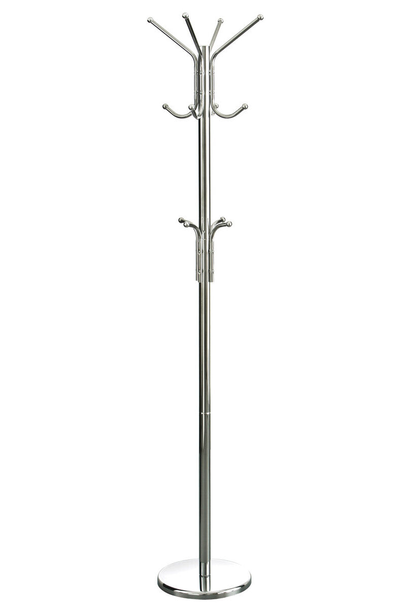 Chrome metal coat stand with multiple hooks on a white background