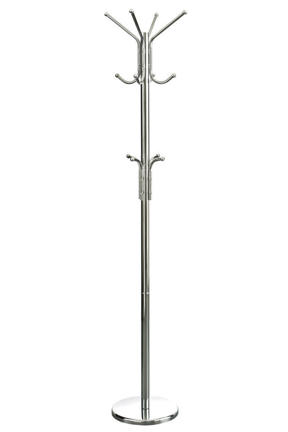 Chrome metal coat stand with multiple hooks on a white background