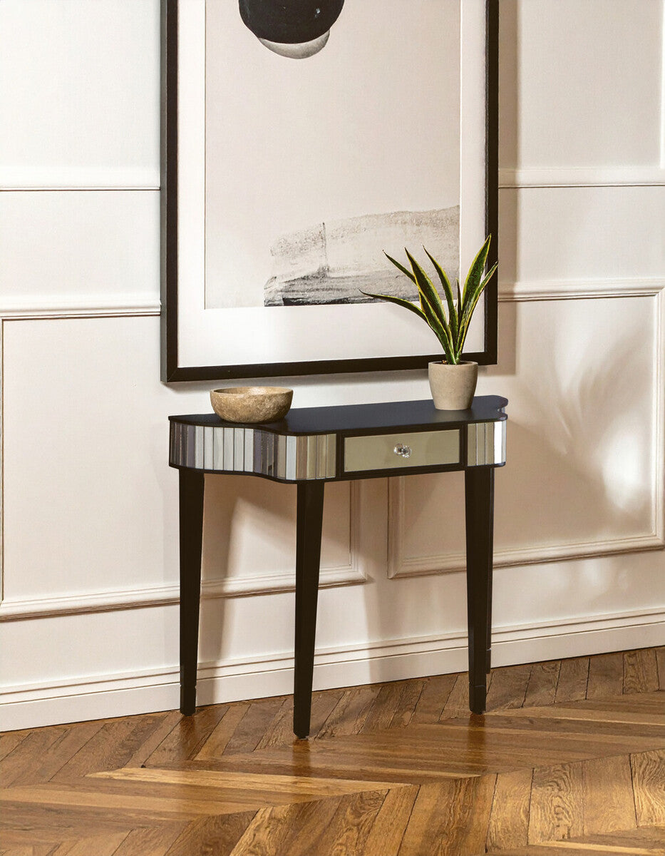 Black Mirrored Panel Top Console Table with 1 Drawer and Cunninghamia Wood Legs, Clavier