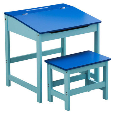 Blue school desk and chair set on a white background