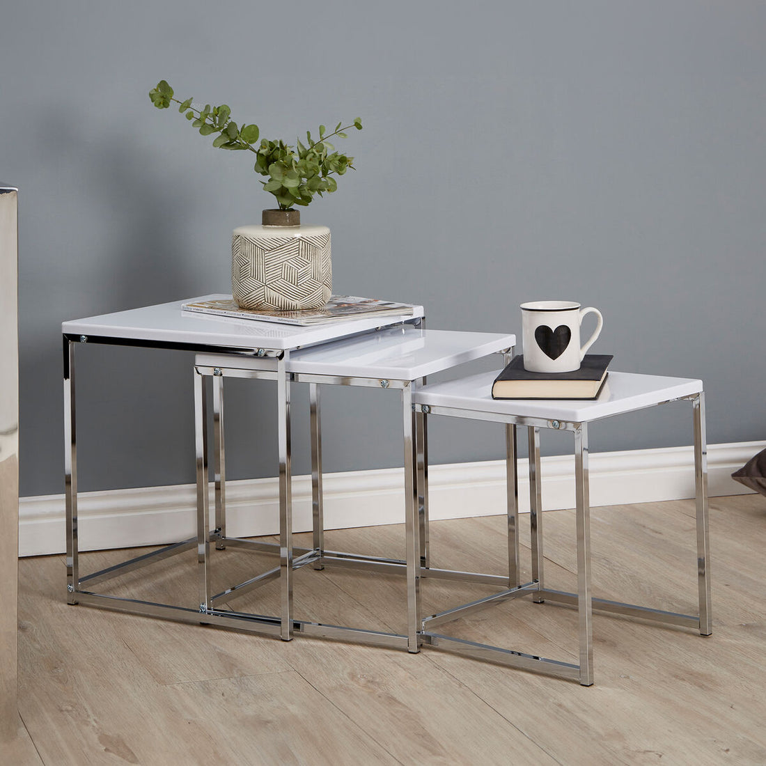 Matte White Top Nest of 3 Tables with Chrome Frame, Fulton