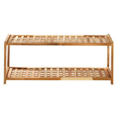 Wooden shoe rack with two shelves on a white background