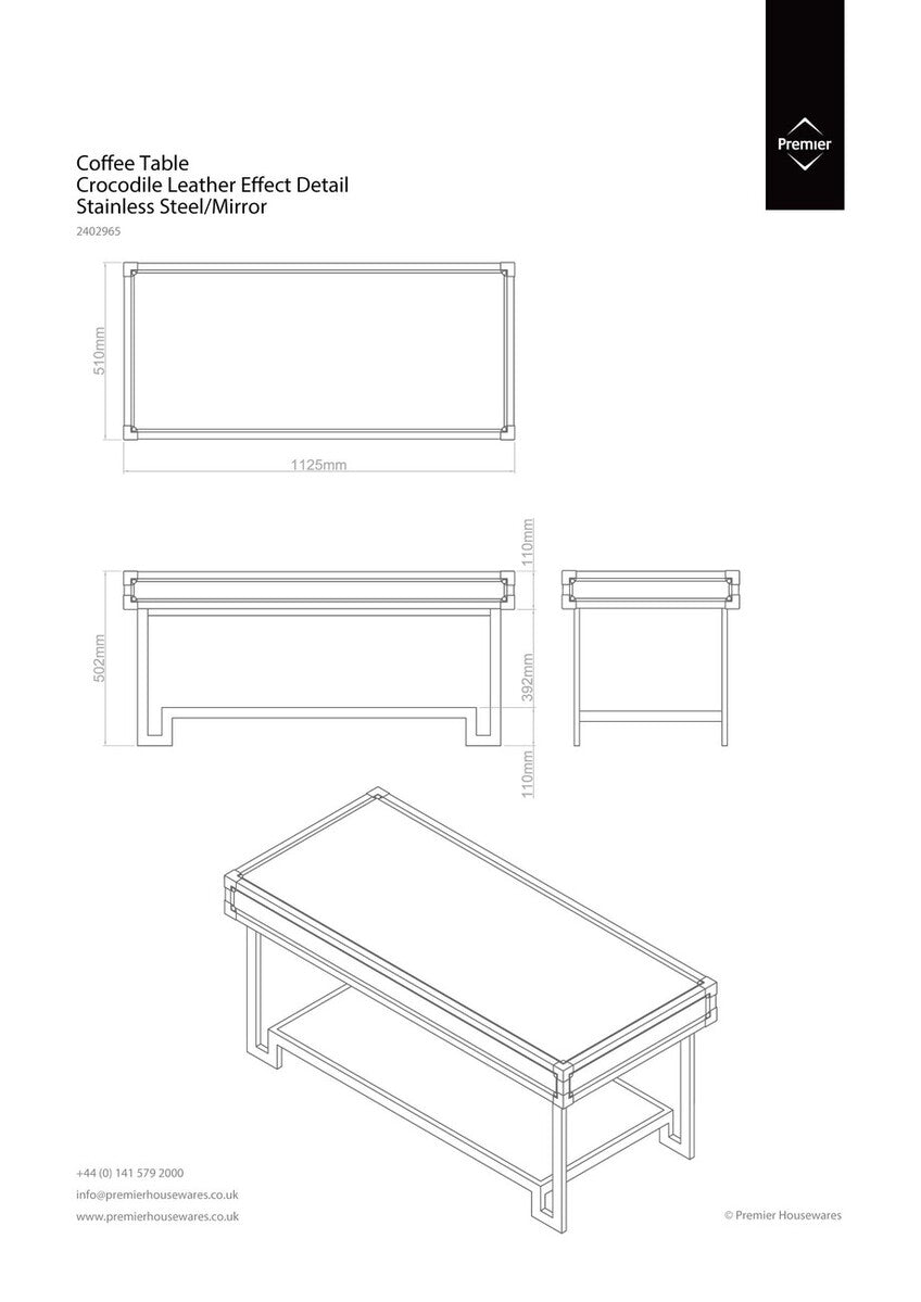 Black and Silver Two-Tier Coffee Table with Leather Effect Top and Stainless Steel Frame, Carla